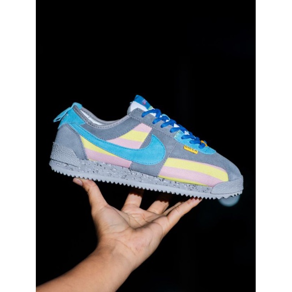 nike cortez x union grey yellow blue