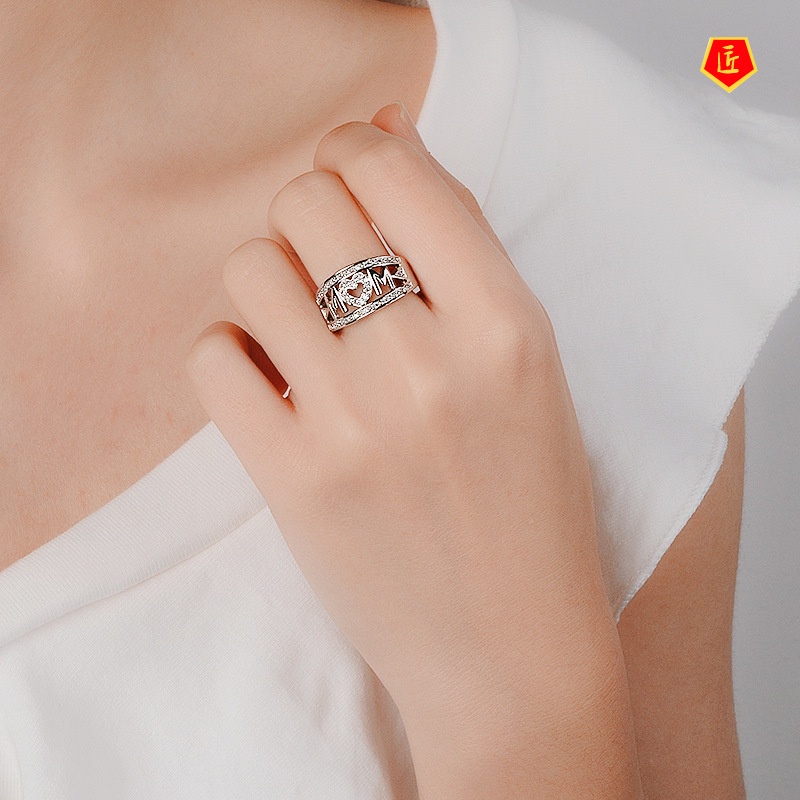 [Ready Stock]Platinum Diamond-Embedded MOM Heart-Shaped Ring Female