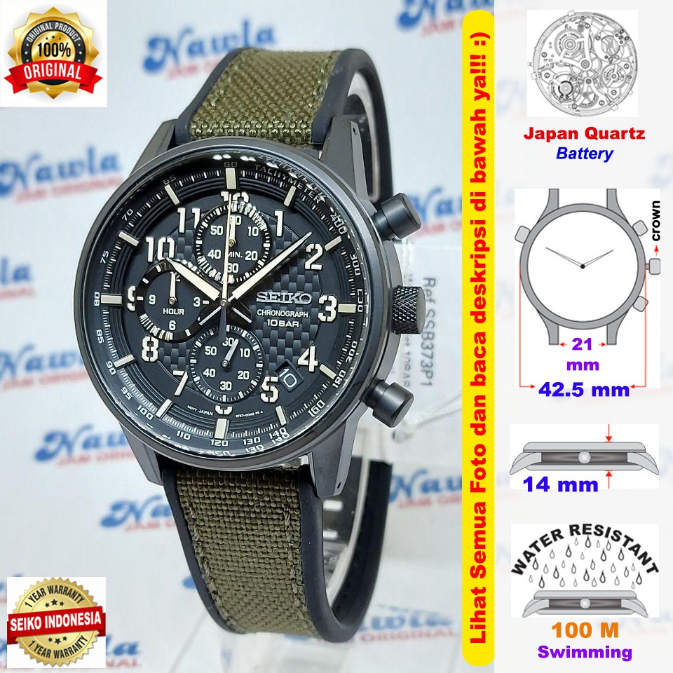 Seiko Quartz SSB373P1 Chronograph Black Green - Jam Tangan Pria SSB373