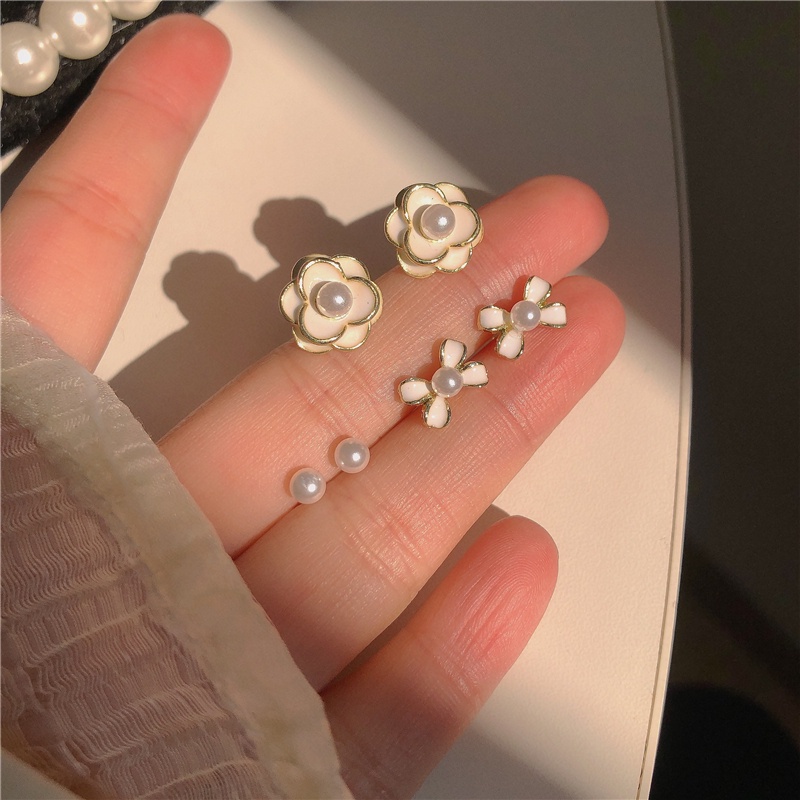 3 Pasang / Set Anting Mutiara Bentuk Bunga Camellia Pita Untuk Wanita