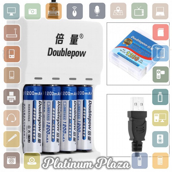 DOUBLEPOW Charger Baterai 4 slot AA/AAA + 4 PCS AA Battery 1200mAh - EPC-BTY-14M - White`2KZBLL-