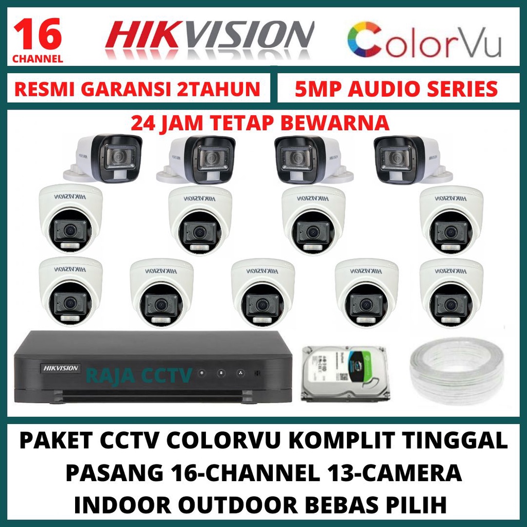 PAKET CCTV HIKVISION 5MP COLORVU 16 CHANNEL 13 CAMERA TURBO HD 3K COLORFUL KAMERA CCTV AUDIO SERIES