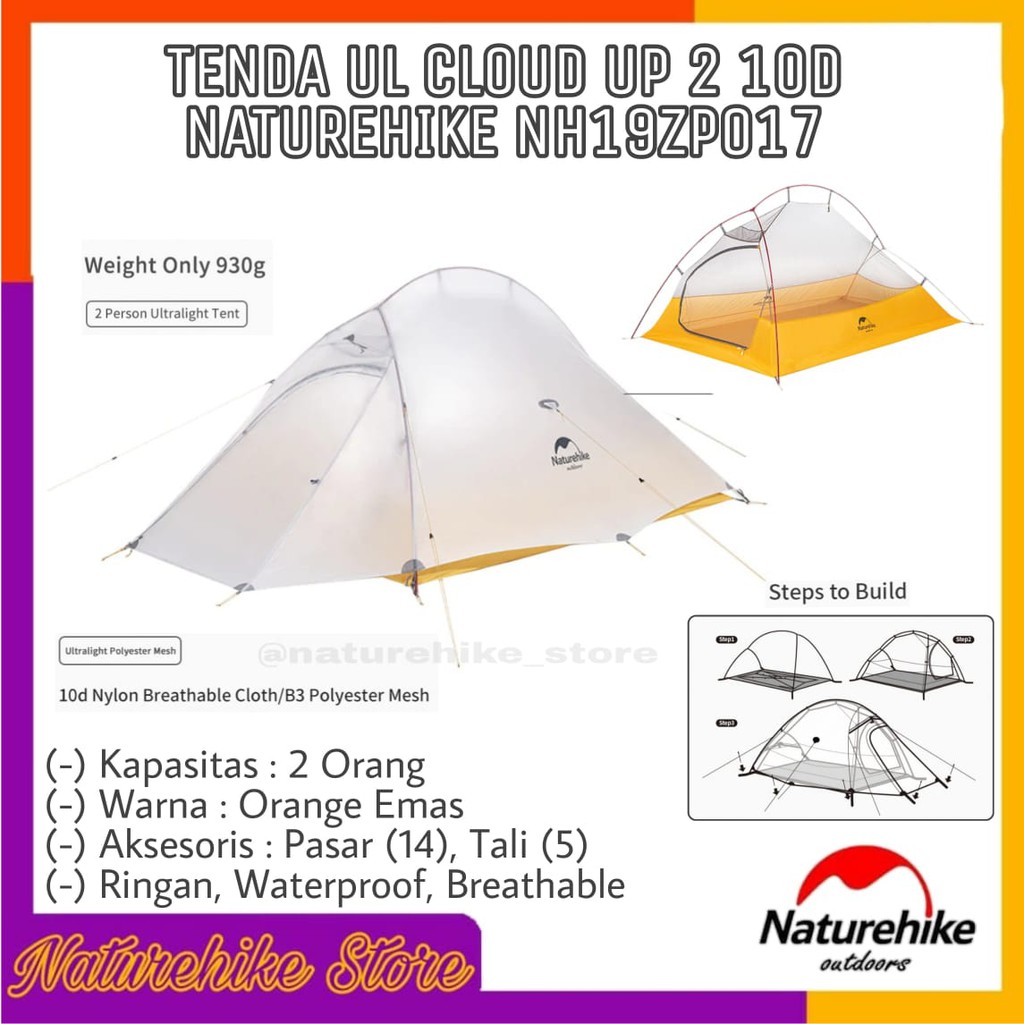 Tenda Camping Hiking Ultralight Gunung Cloud Up 2 UL 10D Nylon Silicon Waterproof Naturehike NH19ZP0