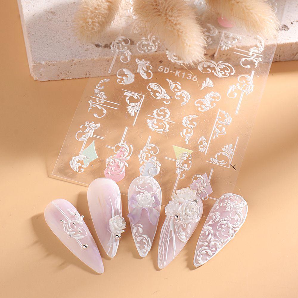 [POPULAR] Nail Decorations 5D Engraved Embossed French Design Flower Leaves Nail Stickers Manicure DIY Summer Acrylic Sliders Decals Black White