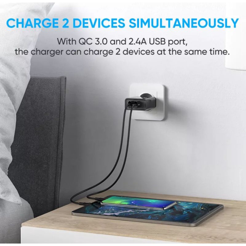 Ugreen Wall Charger Dual Usb 30W - Ugreen Charger QC 3.0 + 2.4 A FCP Wall for Android &amp; IPhone