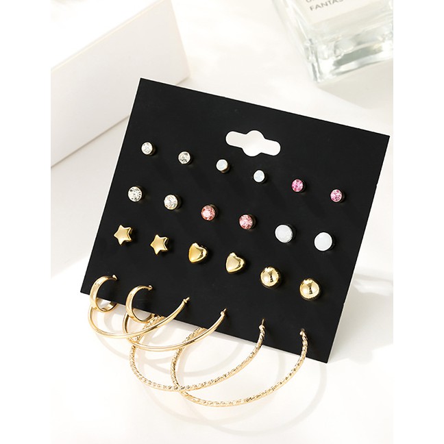 LRC Anting Set Fashion Gold Five-pointed Star Gold-plated Love Earrings 12 Pairs D57198