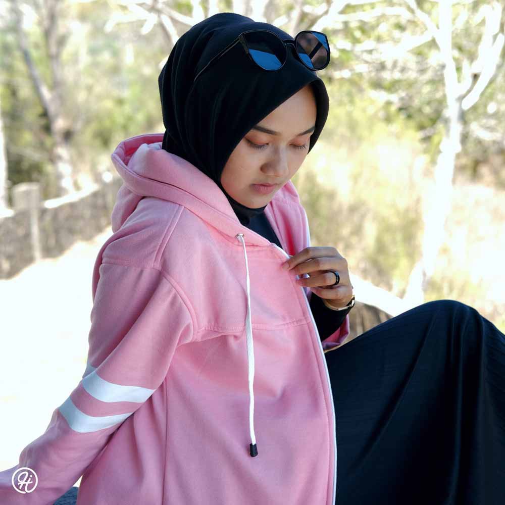 Jacket Jaket Hijabers Wanita Cewek Cewe Muslimah Hijaket Panjang Hoodie Hijacket Hoody BX Baby Pink-XL