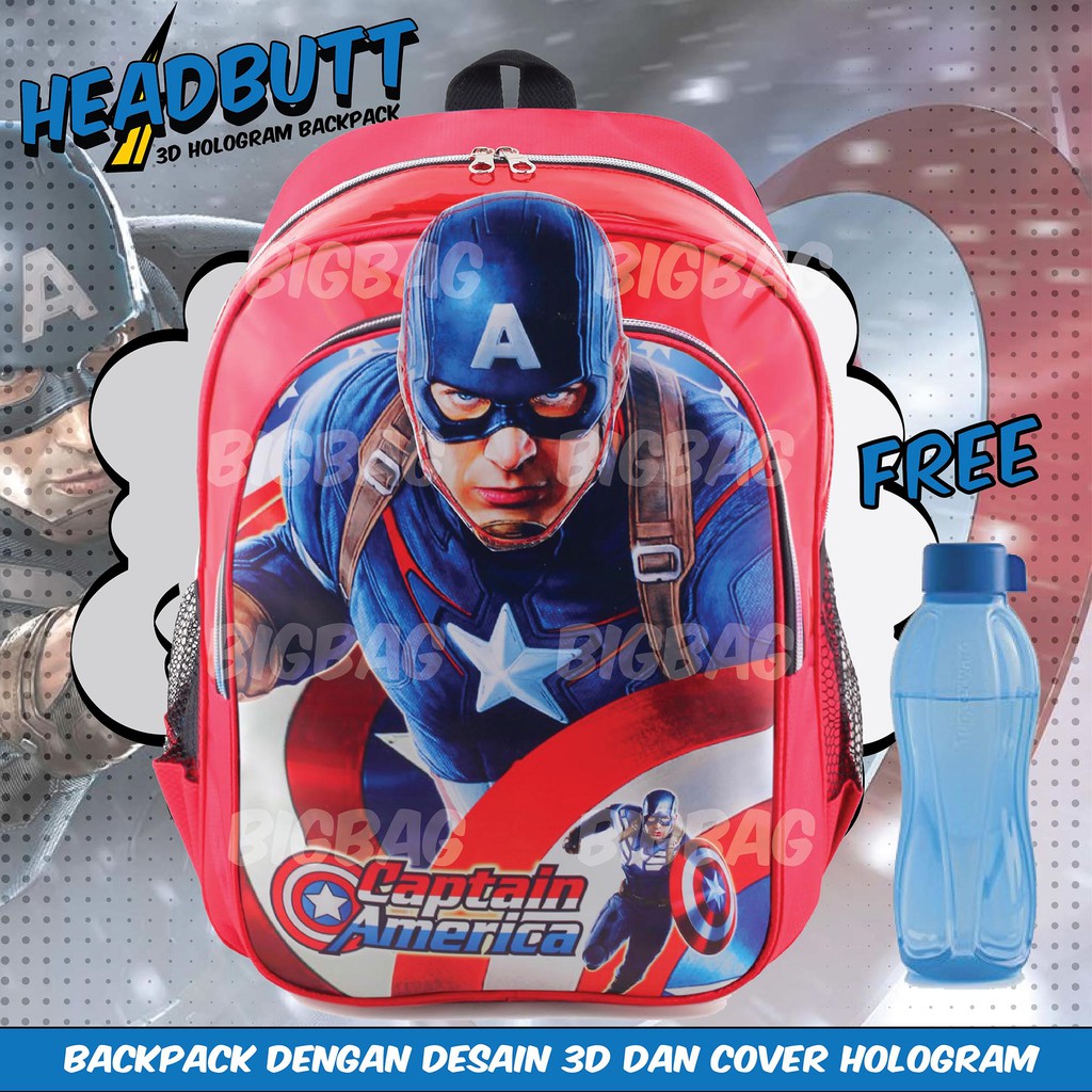 Tas Ransel Karakter - BATMAN - SPIDERMAN - IRON MAN - CAPTAIN AMERICA - HEADBUTT HOLOGRAM + BOTOL