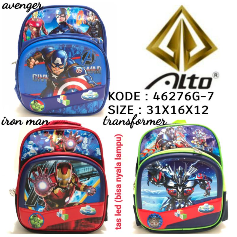 TAS RANSEL ANAK LED (bisa nyala lampu) untuk Anak PAUD / TK Kode 46276G-7 Merk ALTO Gambar Superhero Avengers Captain America