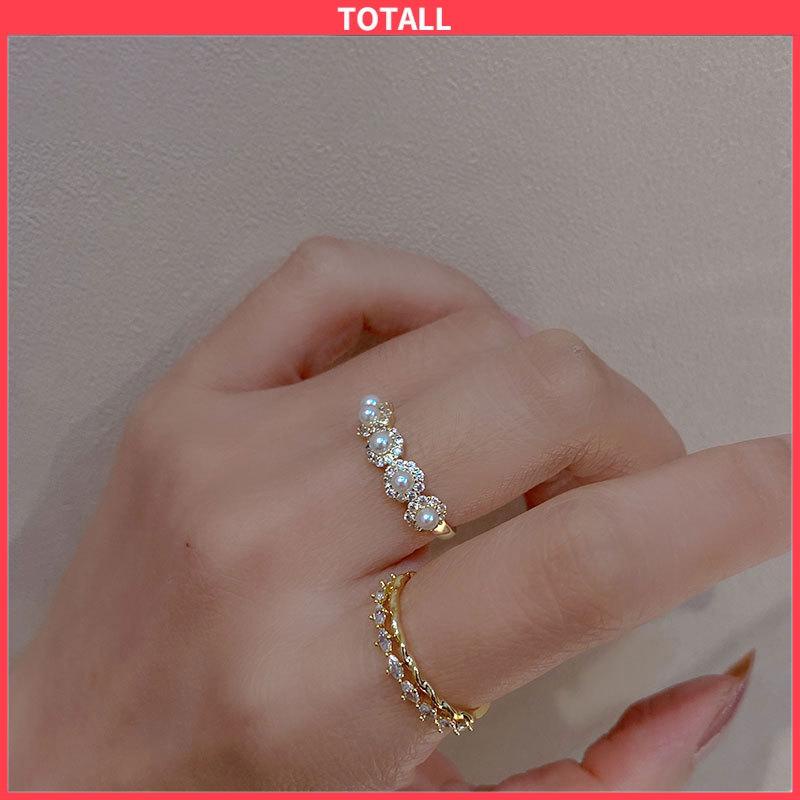 COD Double-layer Retro Pearl Diamond Ring Niche Light Desain Mewah Cincin Dapat Disesuaikan Terbuka-Totall