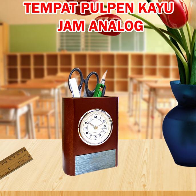 

TEMPAT PULPEN PEN HOLDER KAYU WADAH PEN JAM MEJA SOUVENIR JAM ANALOG