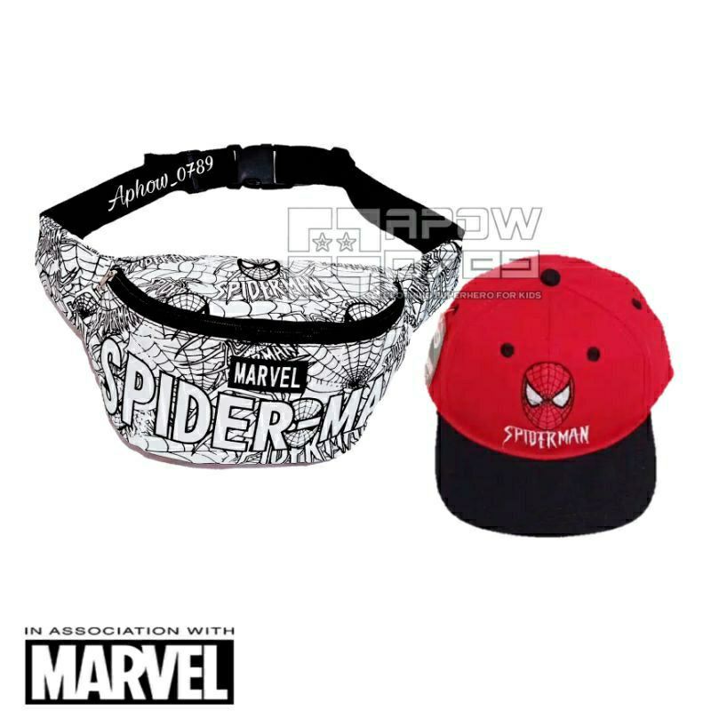 Paket 2in1 tas waistbag /tas slempang anak Spiderman / tas pinggang anak topi bordir Spiderman