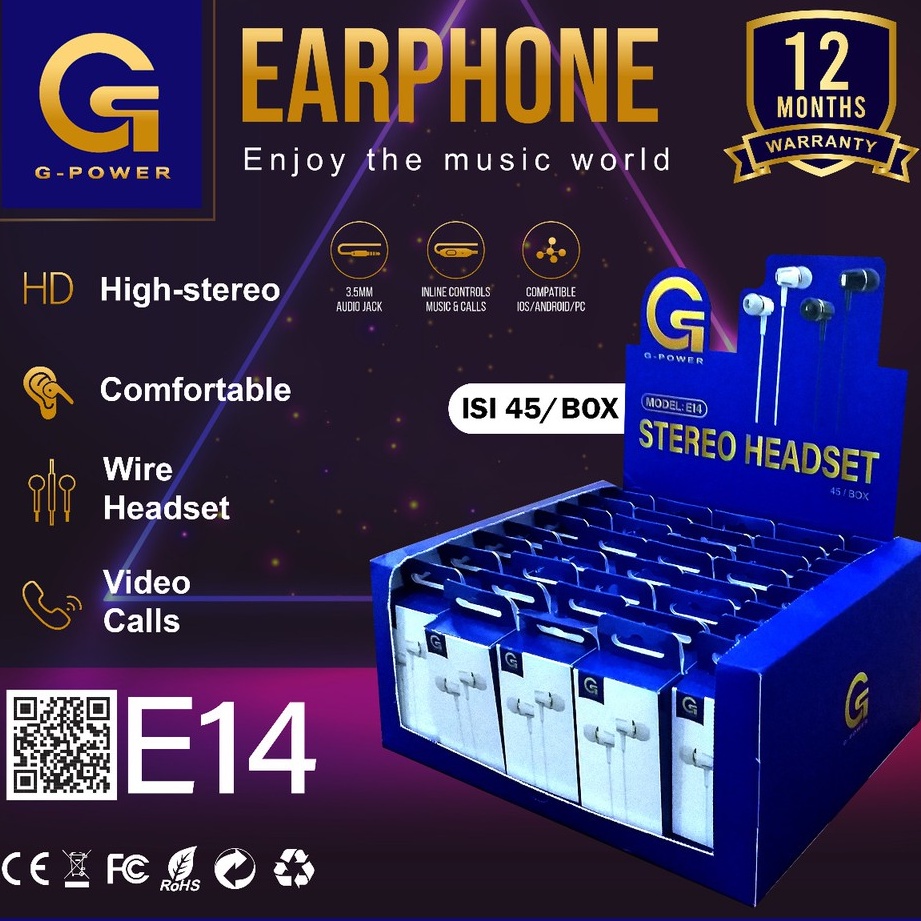 GPOWER HEADSET EARPHONE E14 PER BOX ISI 45PCS GARANSI 1 TAHUN