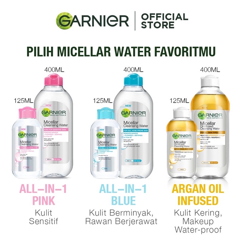 GARNIER Micellar Water Pink | Blue Biru | Bi-phase Oil | Vit C Kuning | Rose Water 50ml 125ml 400ml