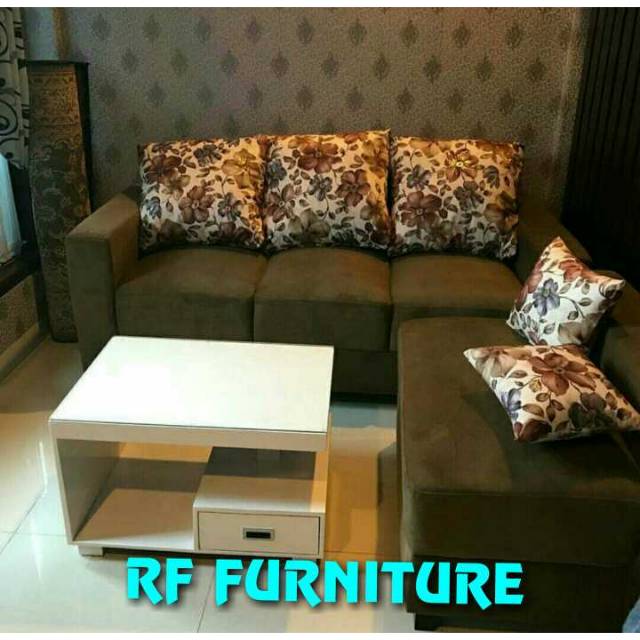 Sofa l putus full coklat plus meja