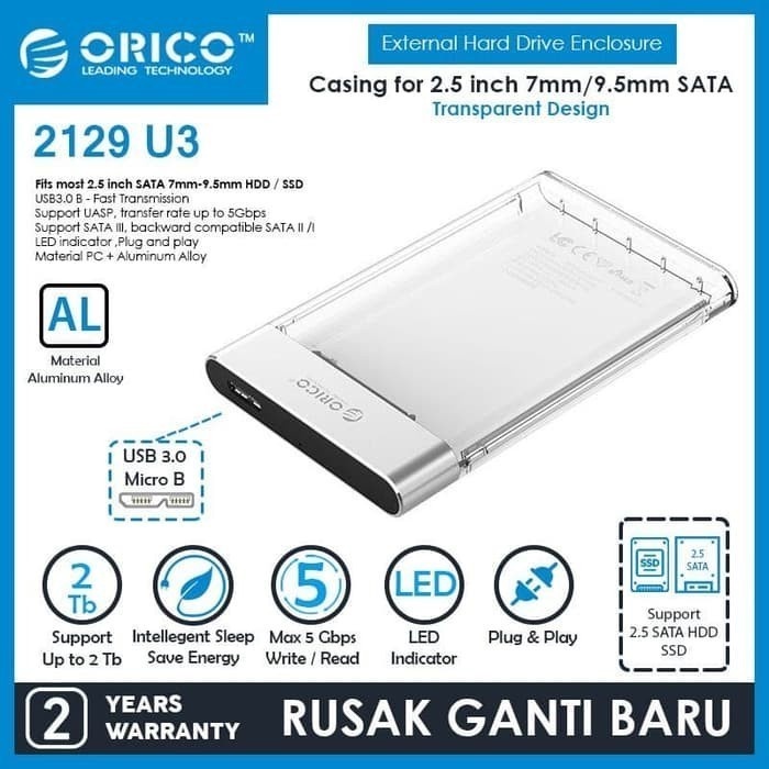 ORICO 2129U3 HDD / SSD Enclosure 2.5&quot; USB3.0 - Transparant