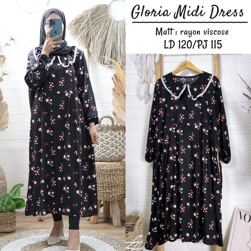 Gloria midi dress/midi dress/midi motif bunga/midi hitam bunga
