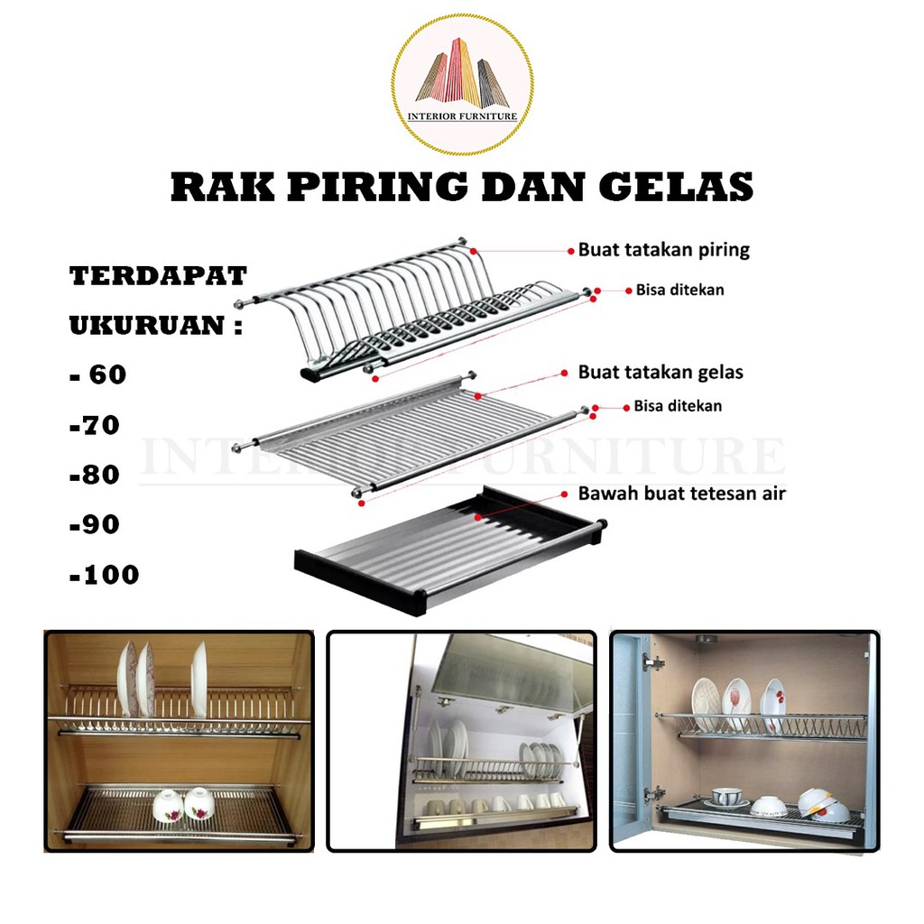 Rak Piring &amp; Rak Gelas / Rak Piring Gantung Anti Karat/ Tatakan Lemari Kitchen ... READY Ukuran (60cm, 70 cm, 80 cm, 90cm, 1m)