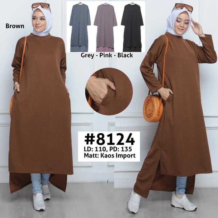 Baju muslim terbaru / Baju long tunik wanita / Baju tunik kaos import - Merah Muda Diskon