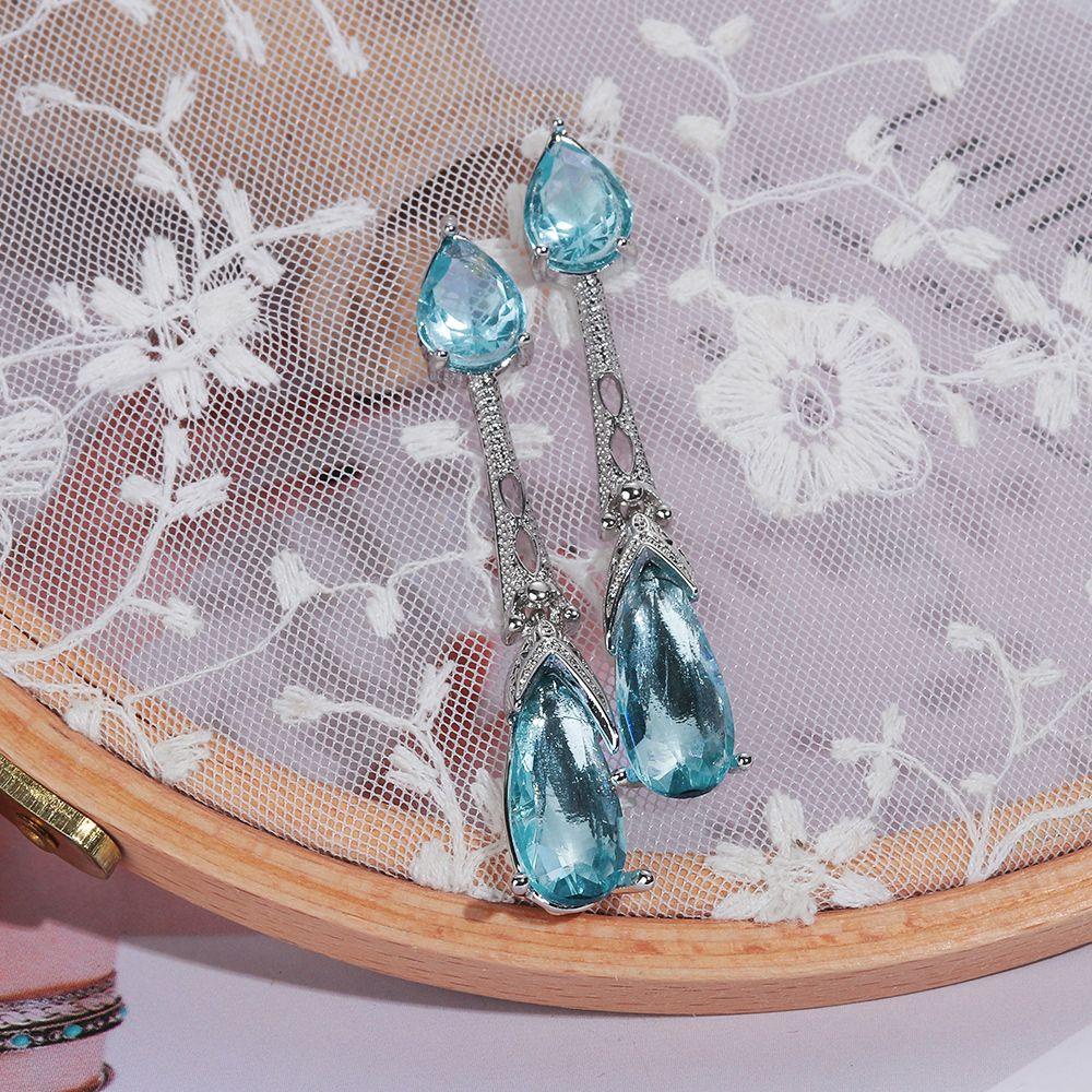 Anting LILY Aquamarine Hadiah Anniversary Perhiasan Pernikahan Giwang Telinga Kristal