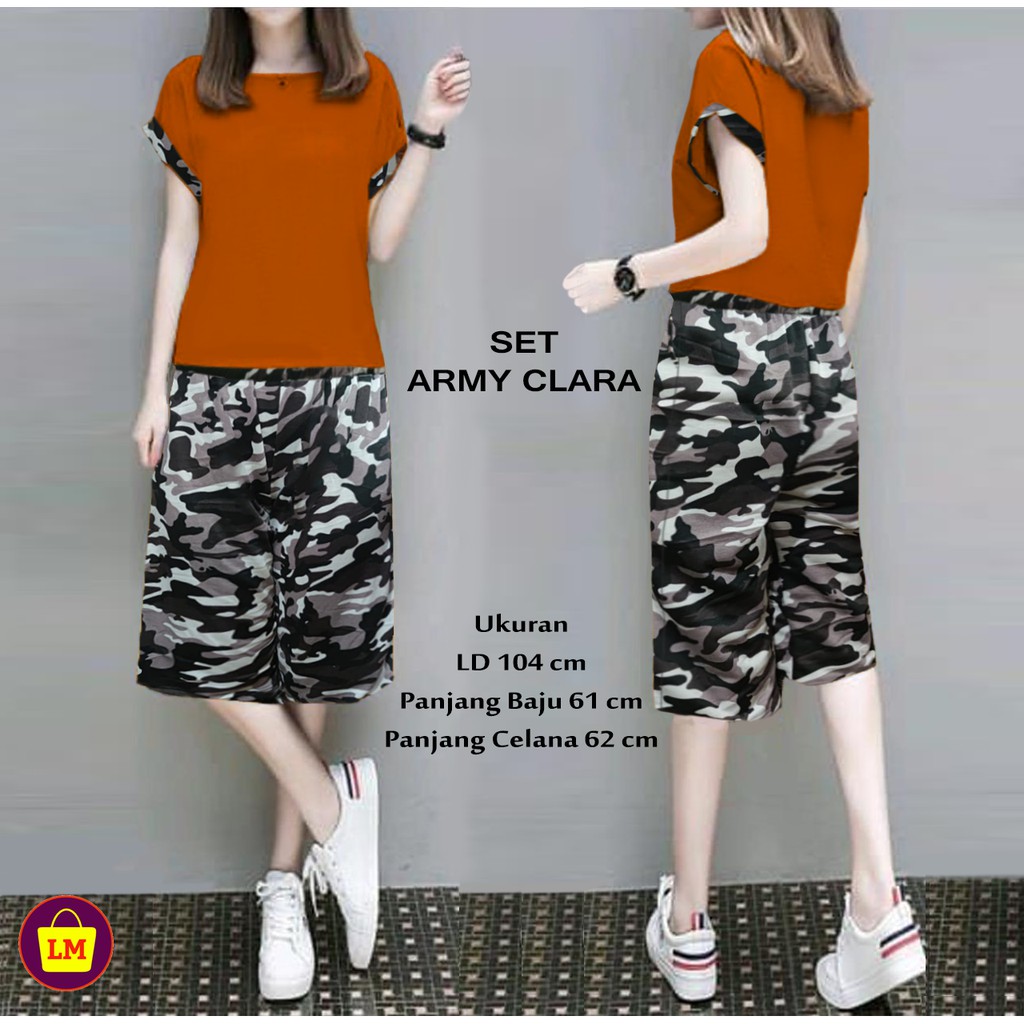 TERMURAH Baju Setelan Pakaian Wanita SET ARMY CLARA Motif Loreng Tentara Trendy Terkini LMS 20255