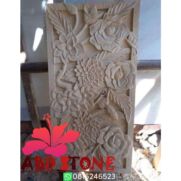 relief bunga mawar batu ukiran paras