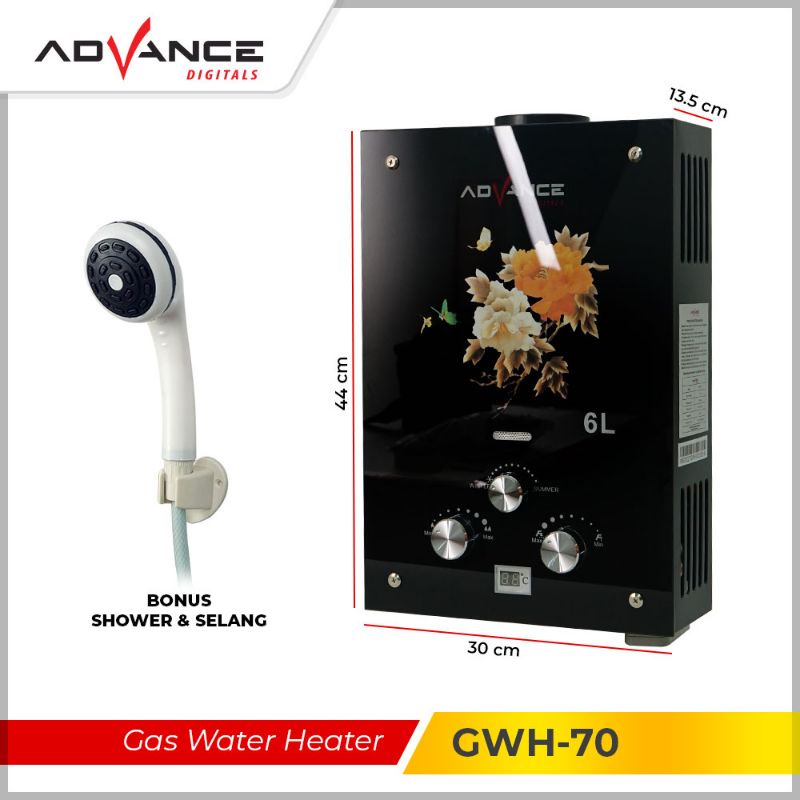 Advance Water Heater Gas 6 Liter GWH-70 LED Display Tempered Glass