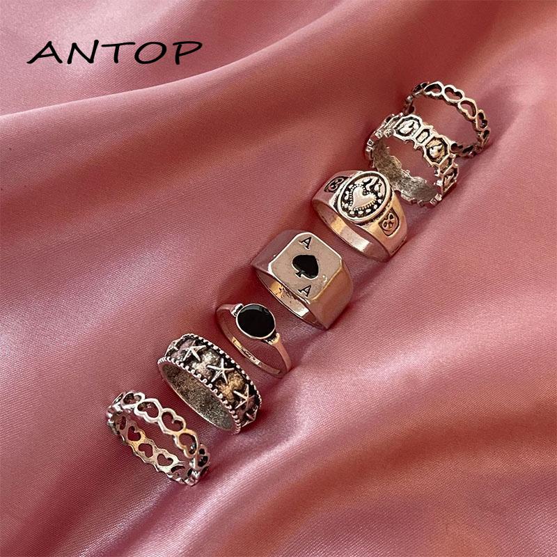 7 Pcs Cincin Jari Bentuk Hati Tidak Teratur Warna-Warni Gaya Punk Retro Untuk Pria