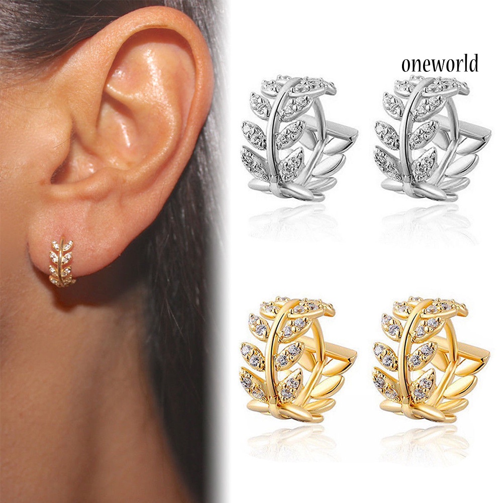 OW@ Women Fashion Cubic Zirconia Inlaid Leaf Dangle Huggie Earrings Piercing Jewelry