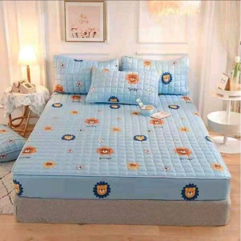 sprei waterproof uk-180x200x2,5cm ( anti ngompol)-Sprei bear biru muda