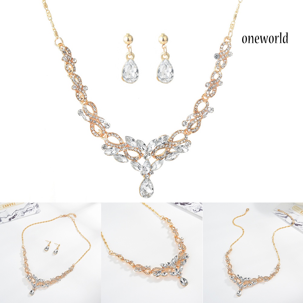 OW@ Fashion Jewelry Set Women Rhinestone Drop Hollow 8 Pendant Earrings Necklace