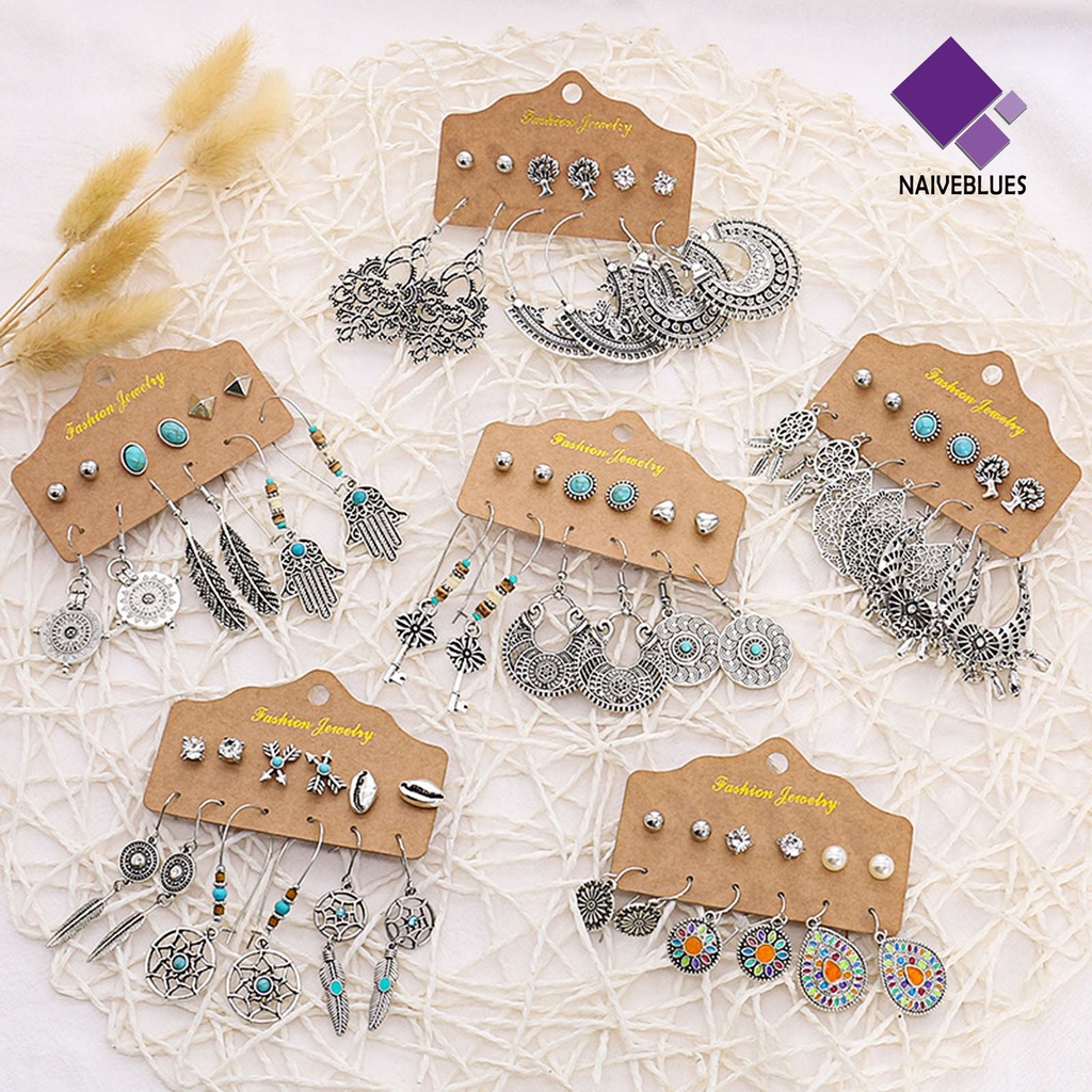 6 Pasang Anting Stud Rumbai Bentuk Daun Geometris Hollow Bahan Alloy Gaya Etnik