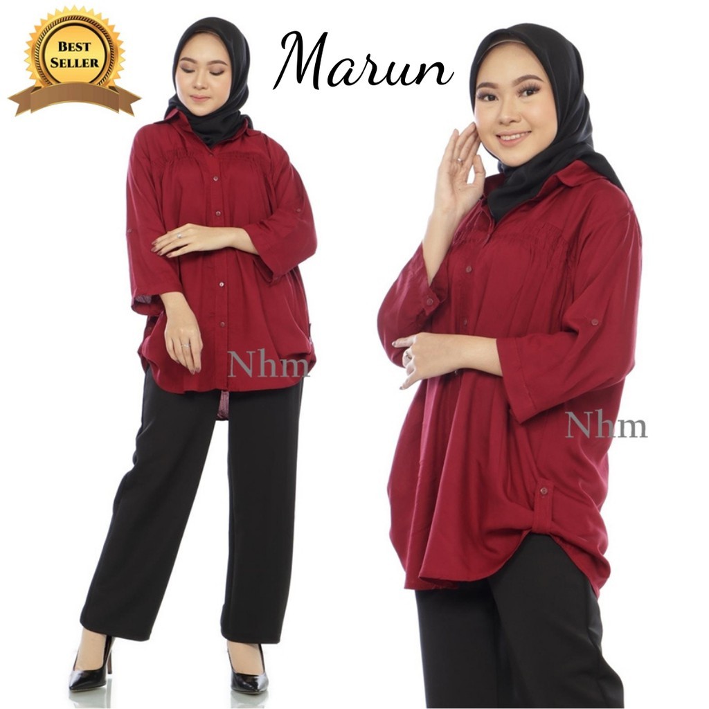 Baju Kemeja Panjang Wanita Jumbo Atasan Kemeja Polos Formal Casual Marun