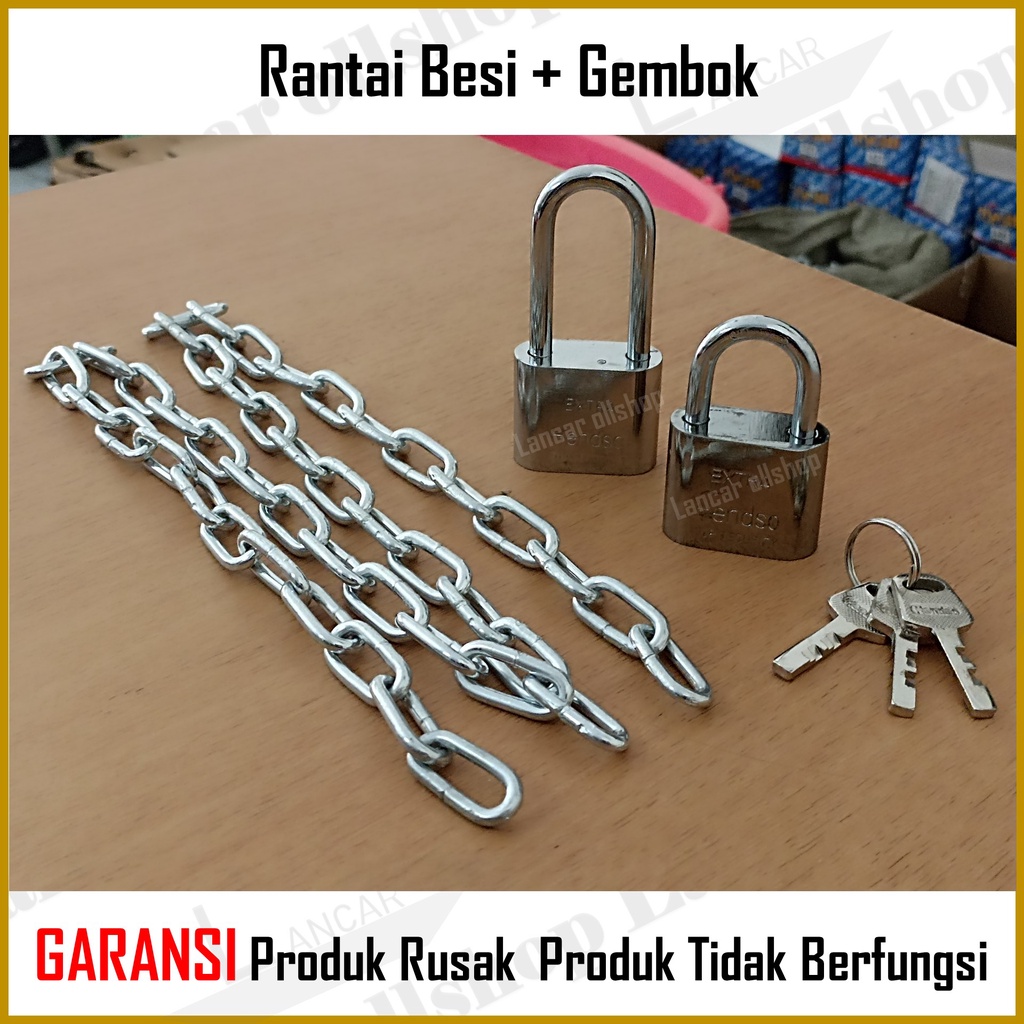 Gembok Rantai 100 Cm Kunci Pengaman Motor Sepeda Pagar Rumah Besi 1/8&quot;  3 MM Galvanis / 1 Paket Gembok 30 MM