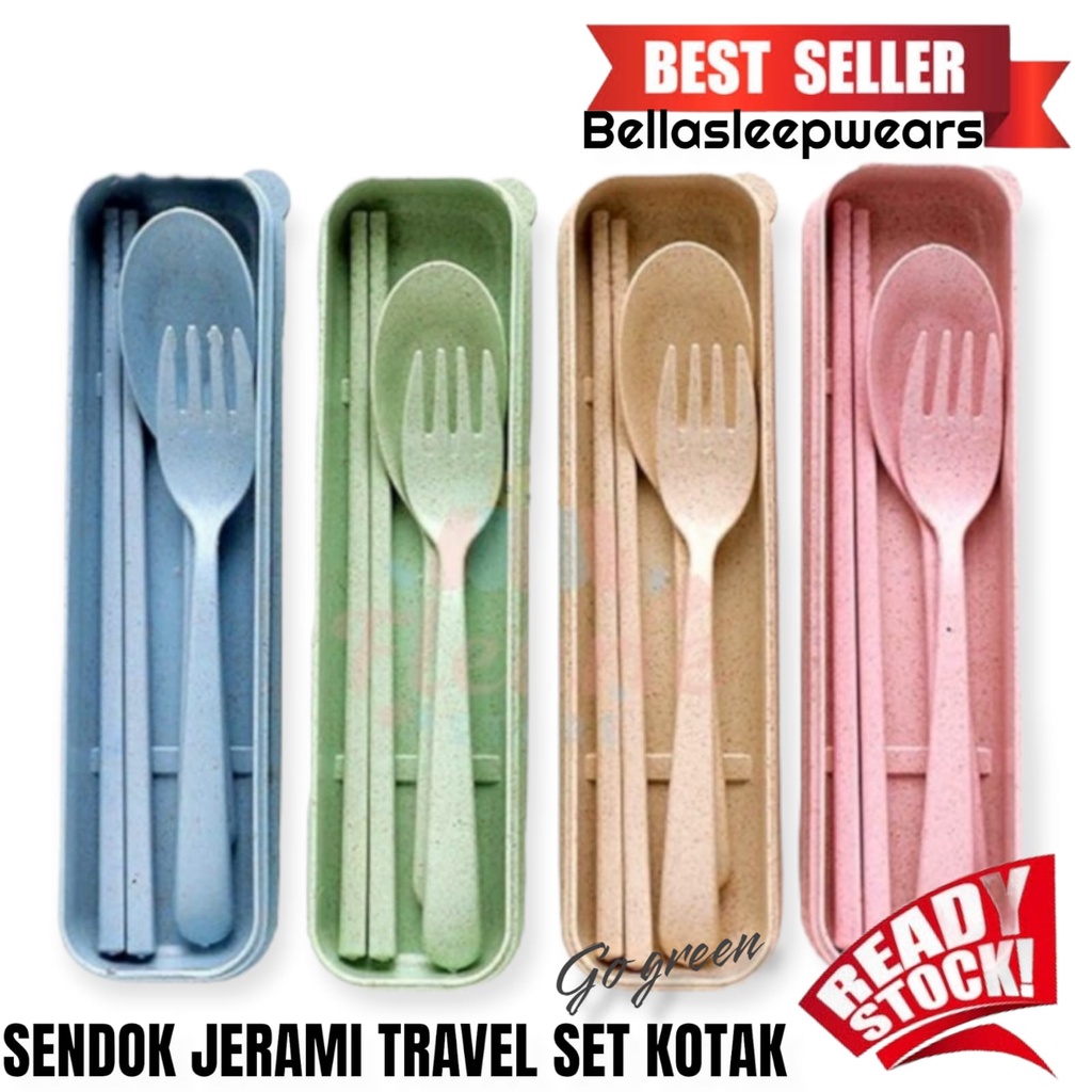 BELLA - ALAT MAKAN | SENDOK GARPU JERAMI SET 3IN1 TRAVEL NEED WITH BOX GO GREEN