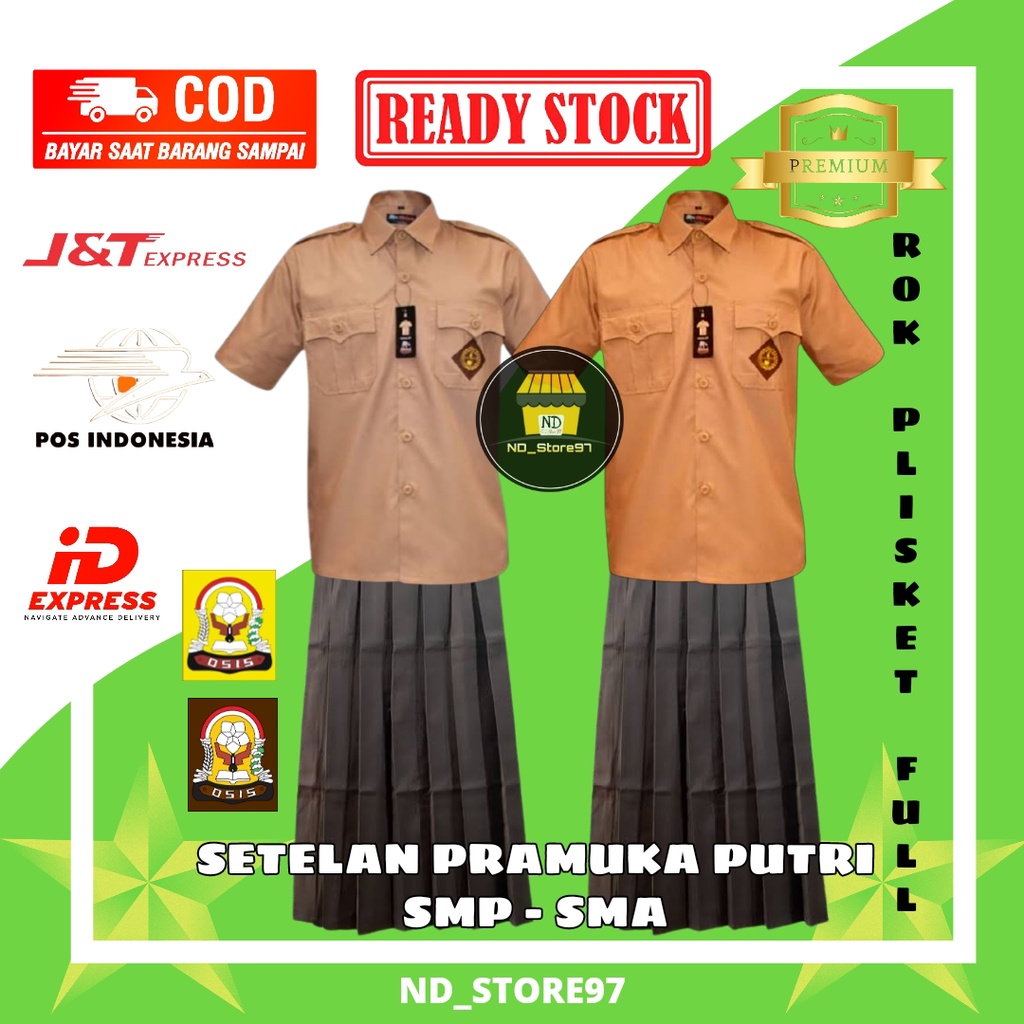 Setelan Seragam Pramuka SMP SMA Pembina Putri / Perempuan Model Baju Saku 2 Depan Lengan Pendek + Ro