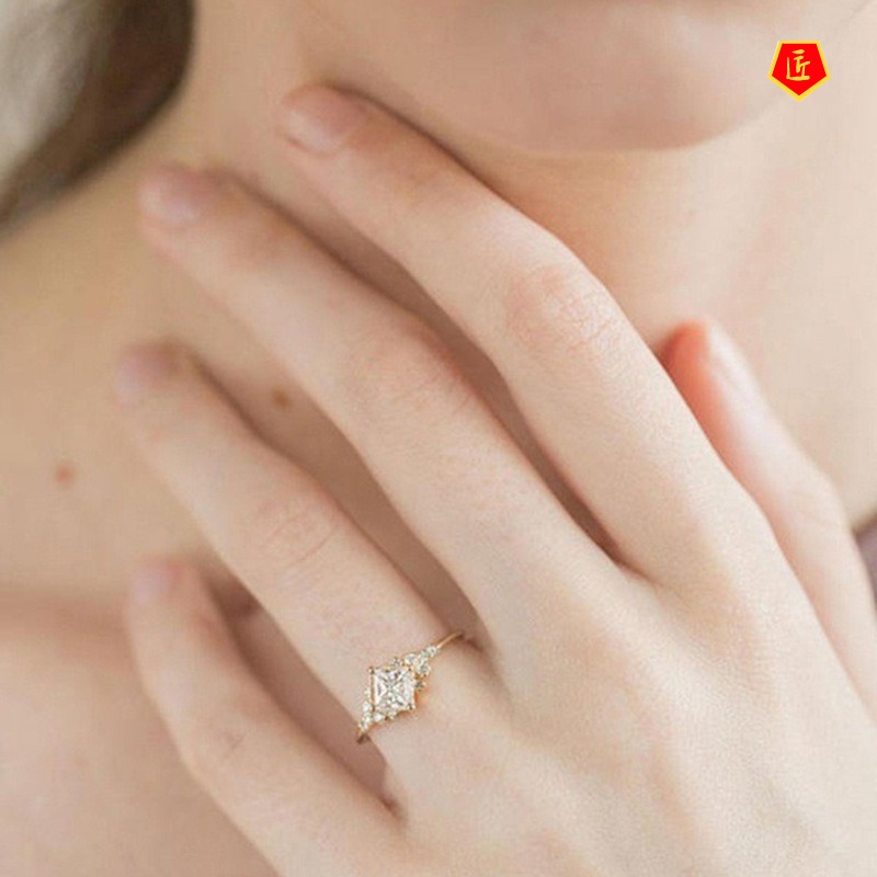 [Ready Stock]Inlaid Square Diamond Ring 14K Gold Simple Personality