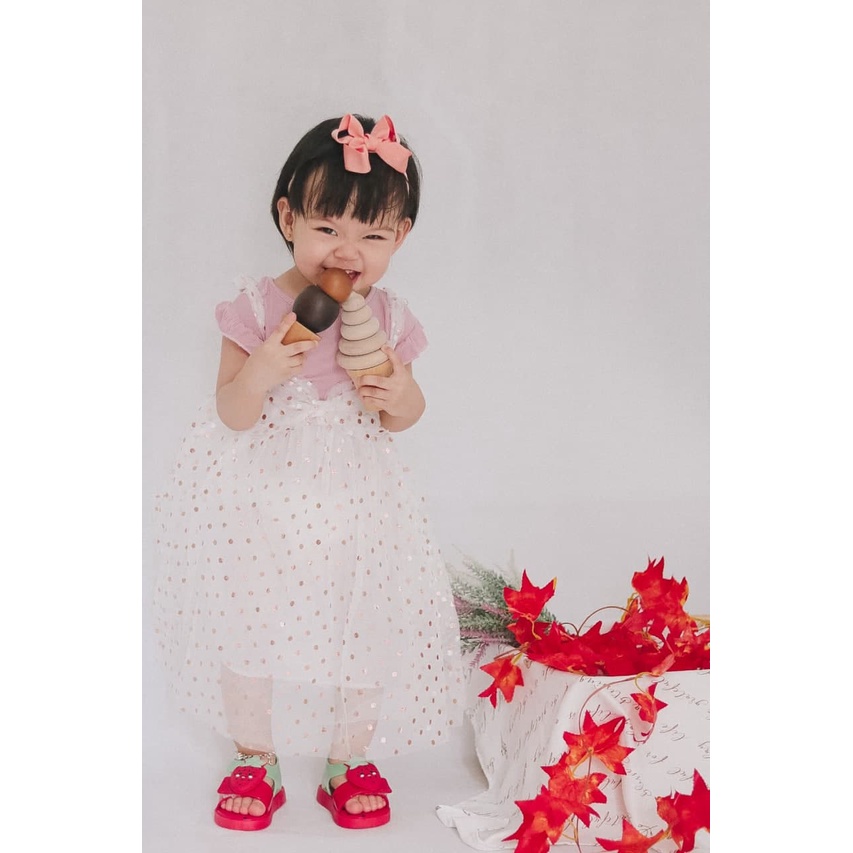Promo !! Dress Lucu Anak Perempuan Import / Dress Blink polka big ribbon curly ukuran 1-3tahun / Dress Anak Simple Elegant