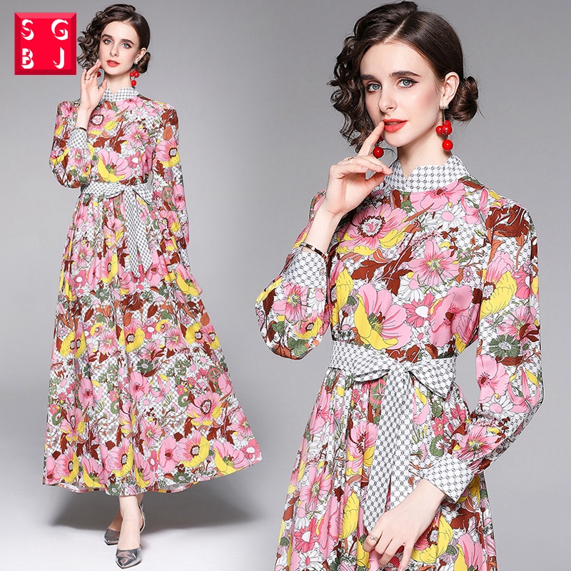 SGBJ Gamis Floral Dress Vintage Merah Jambu Retro Casual Muslim Dress