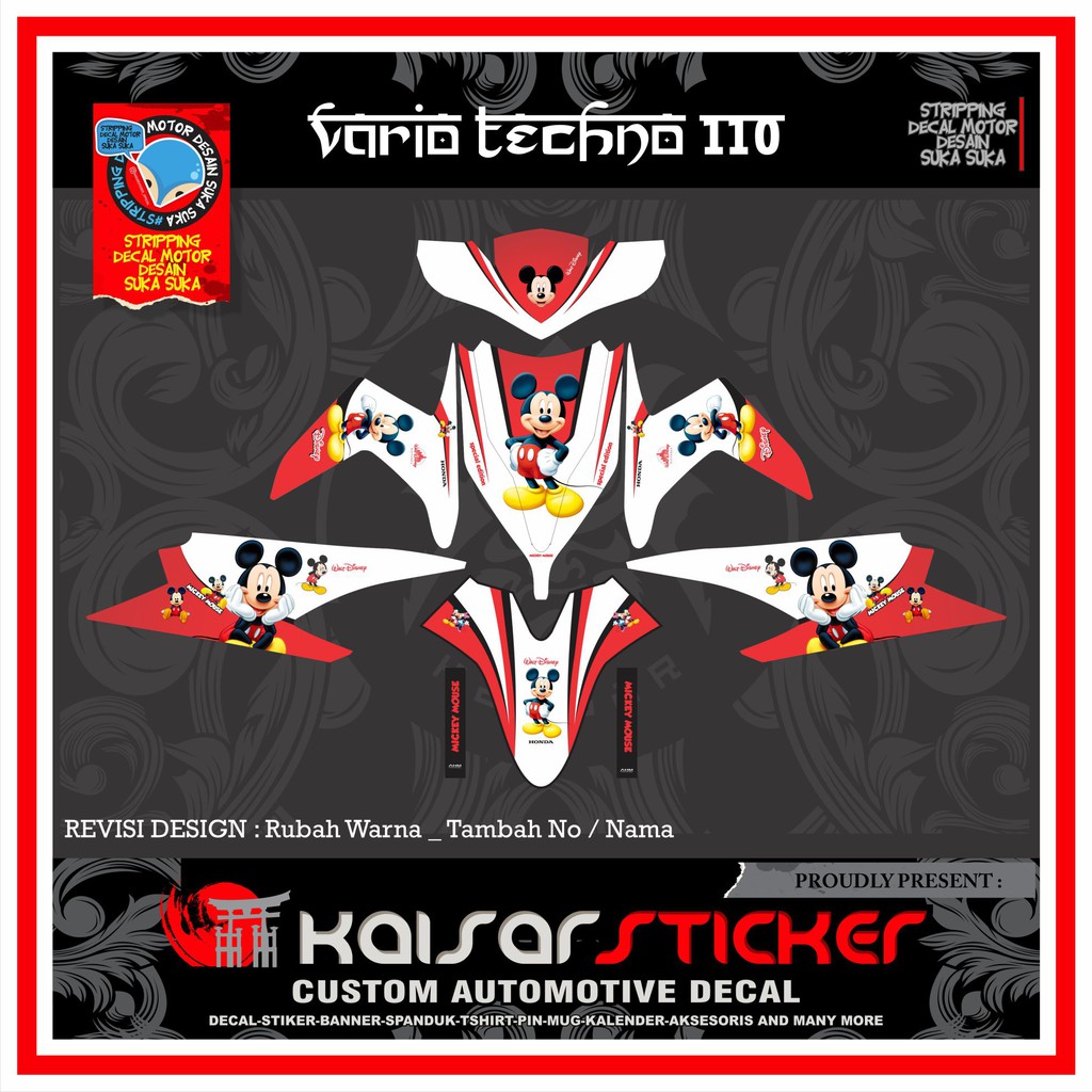 sticker striping decal motor full body honda vario 110 techno lama mickey mouse merah