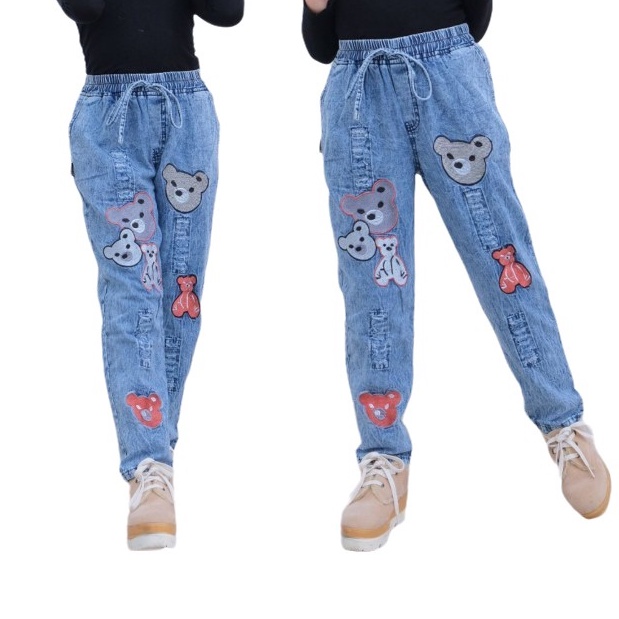 Celana Anak Perempuan Baggy Pants Jeans Bordir Blue Snow Bordir Boneka Koala Usia 7 - 12 Tahun