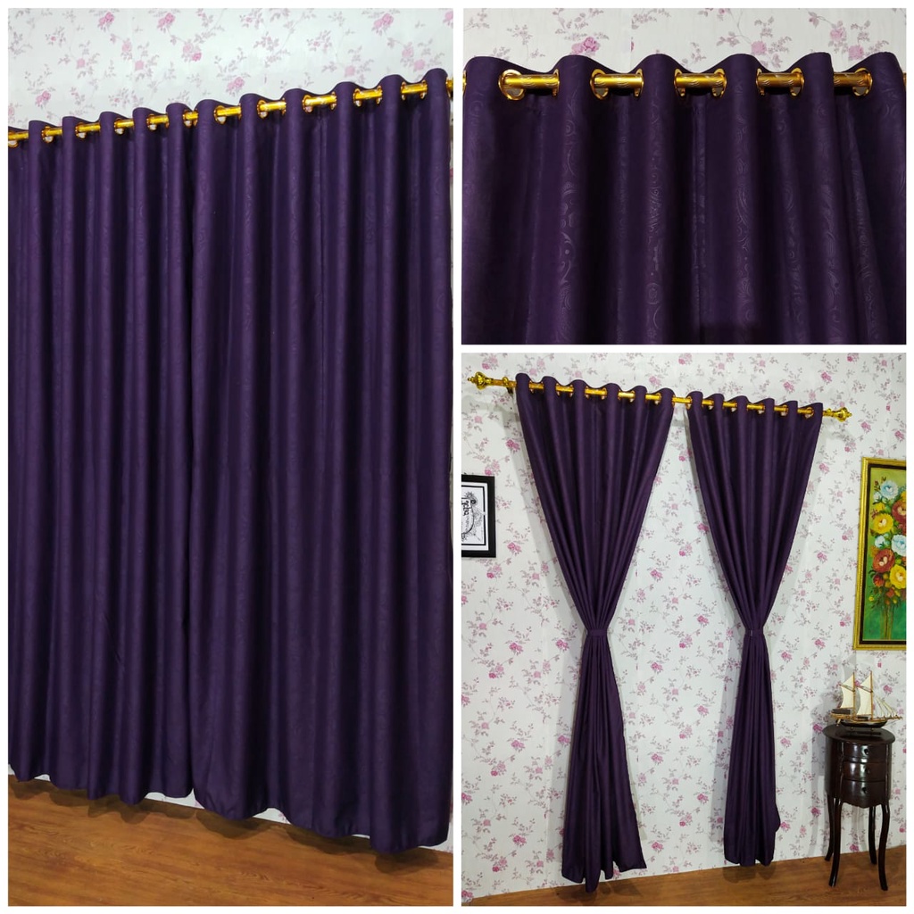 Gorden Polos Embos murah smokring 12 lubang Pintu Jendela Gorden Coklat polos Gordyn Hordeng Tirai-UNGU TUA T220X135