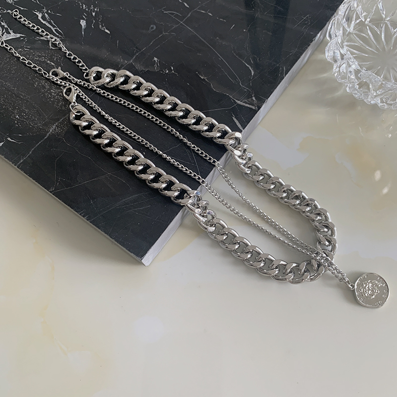 Metal Double Chain Necklace Accessories Human Head Coin Pendant Clavicle Chain Hip Hop