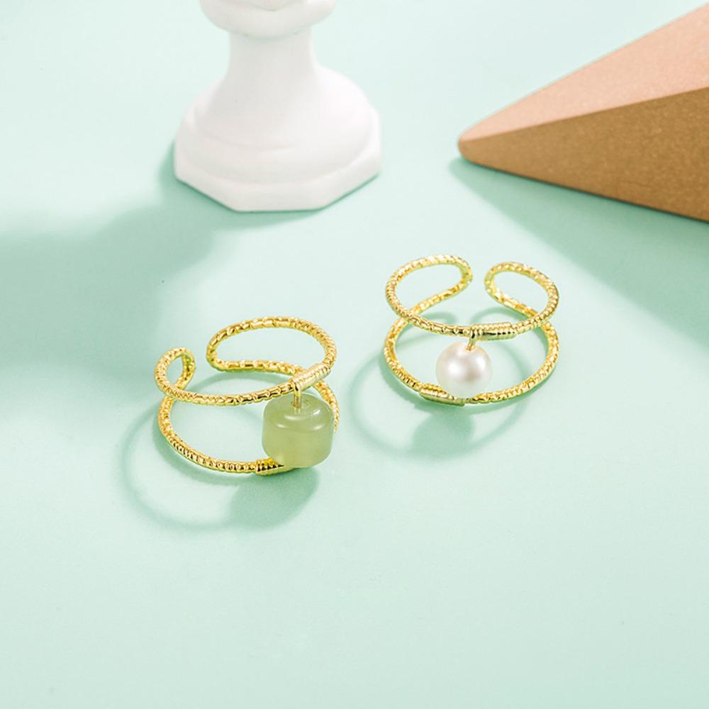 NEEDWAY Needway Cincin Giok Mewah Klasik Mutiara Hadiah Pesta Laki-Laki Lapisan Ganda Tembaga Terbuka Ring