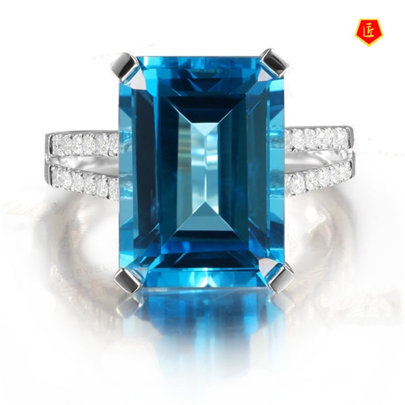 [Ready Stock]18K Topaz Square Aquamarine Ring Elegant and Fashionable