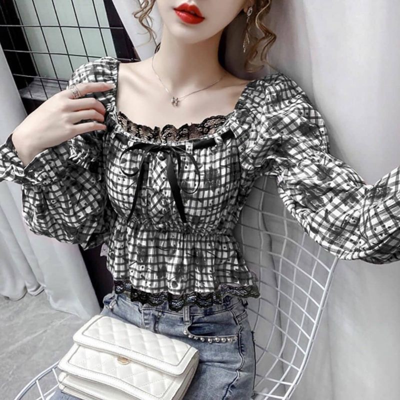 [ YF ] Stacie Plaid Mix Lace Blouse