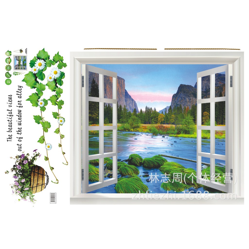 RELIZA WALL STICKER JENDELA DANAU BUKIT PEGUNUNGAN PEMANDANGAN WINDOW GREEN TREE AY893