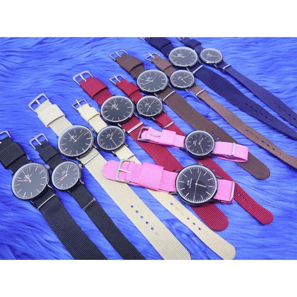 Jam Tangan Couple Tali Kanvas DWE-135 Plat Hitam Ready 5 warna