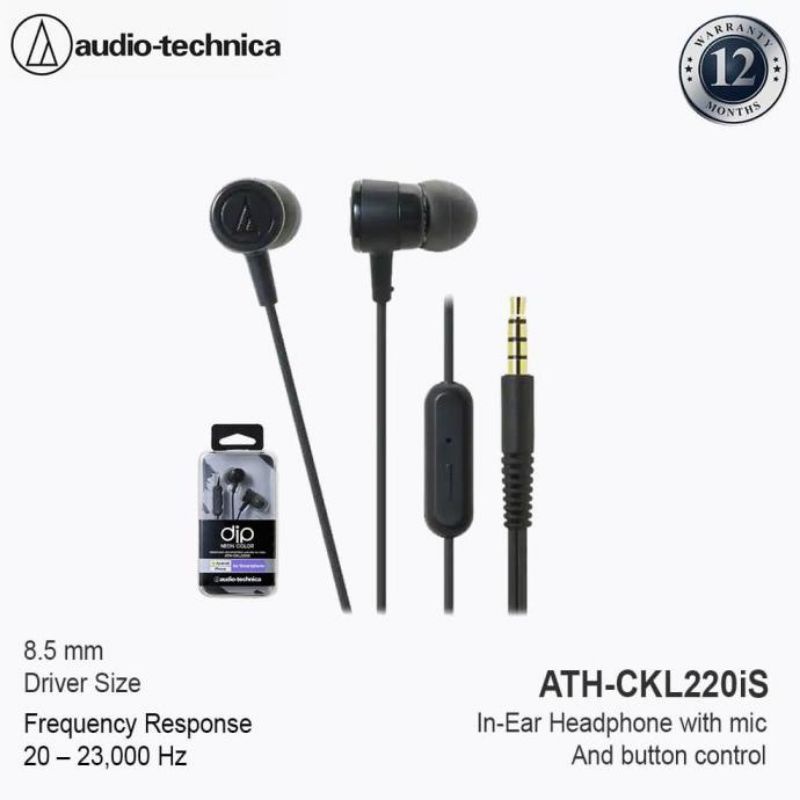 Audio Technica ATH-CKL220iS In-Ear Headphone with Mic - Black - Hitam