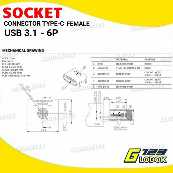 Socket Konektor Soket USB 3.1 Type C Female 6Pin PCB SMT HD Connector